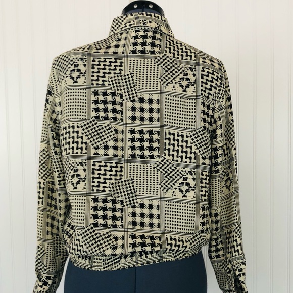 Vintage 70s 80s Black and White Pullover Blouse Pattern Abstract Houndstooth Med - Picture 7 of 14